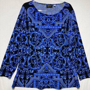 Bob Mackie Top size 2X Black Blue Abstract Artsy Print Stretch Knit Long Sleeve